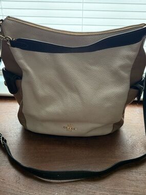 Coach Colorblock Pebble Leather Shoulder Bag in White, Tan & Black
